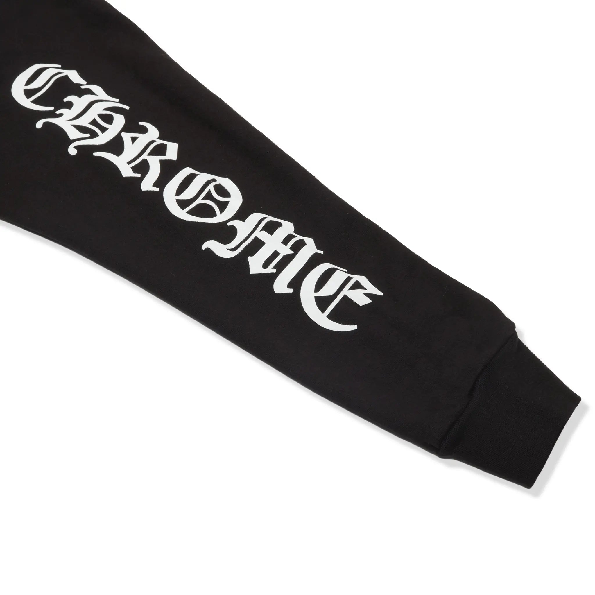 Detailed Sleeve View of Chrome Hearts 1998 Neck Logo Black White Sweatshirt 1383 1FW220106NLCS-BLAC